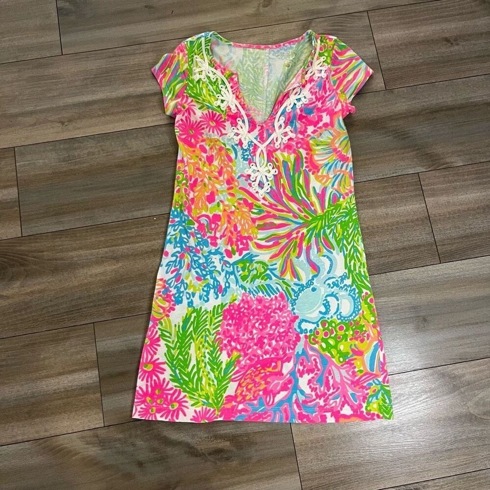 Lilly Pulitzer Women Pink Green Floral Pima Cotton Shift Dress XXS Bin M-27